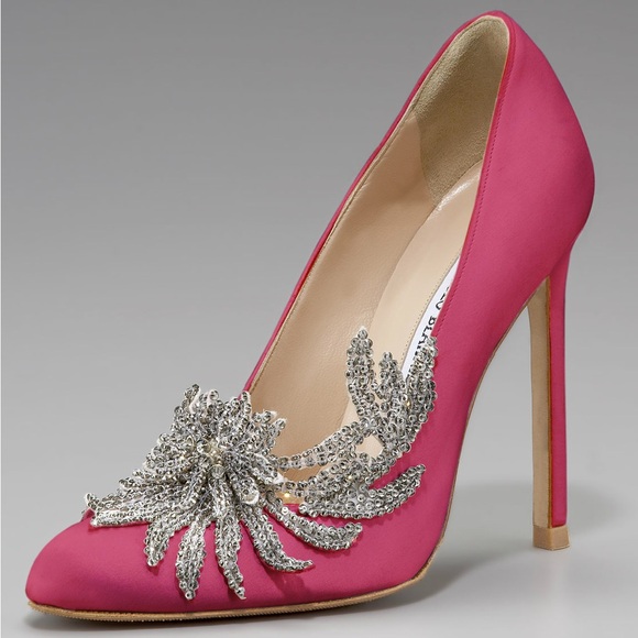 Manolo Blahnik Shoes - Manolo Blahnik Swan Embellished Satin Pump Heels Silver Sequin Hot Pink Fuschia